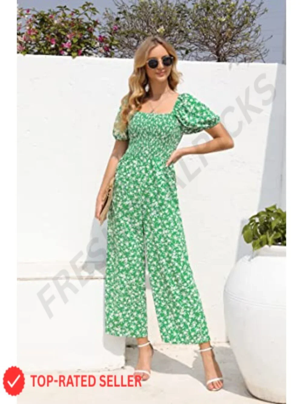 Floral Wide Leg Jumpsuit Smocked Square Neck Short Sleeve One Piece Romper